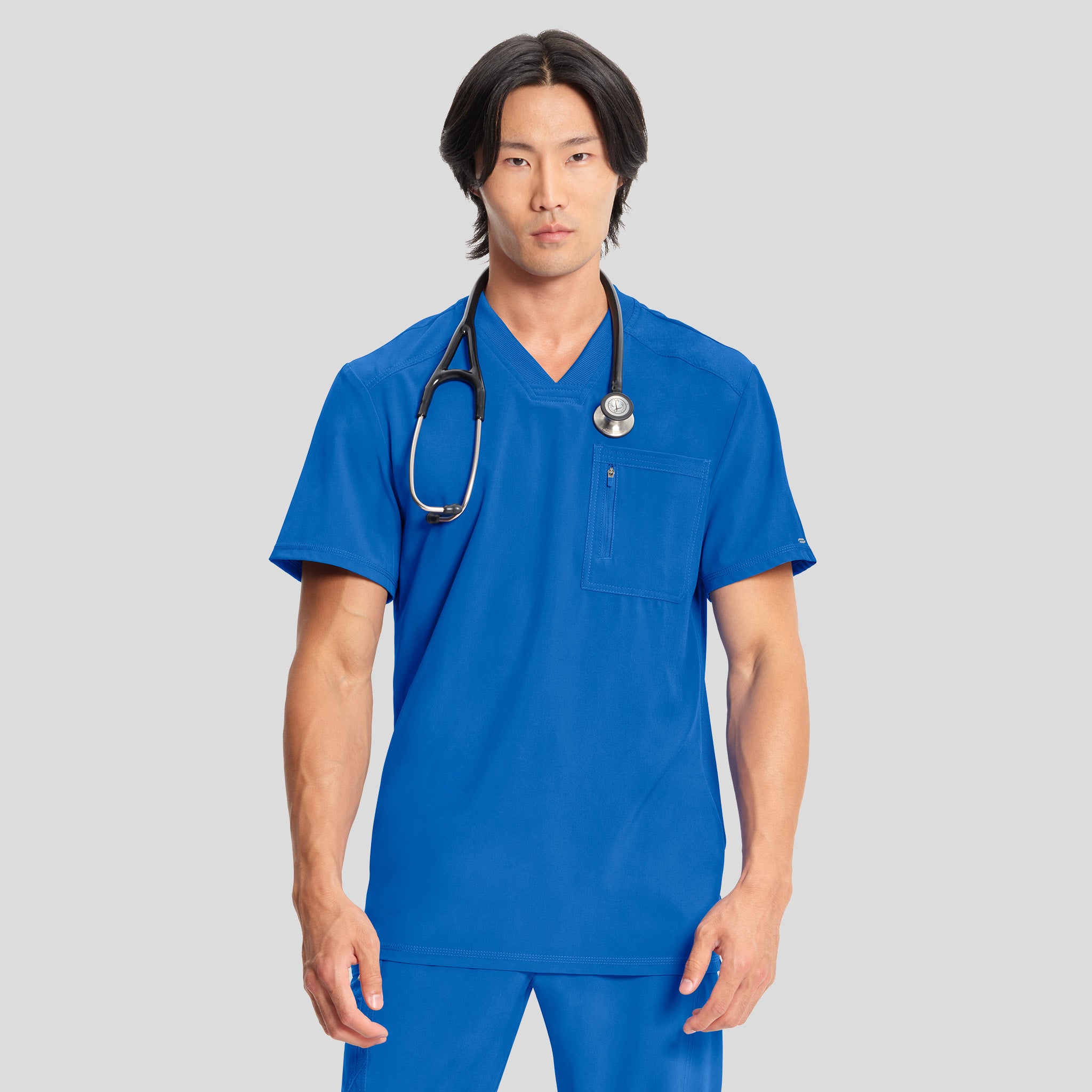 Men's V-Neck Knit Panel Solid Scrub Top | Royal