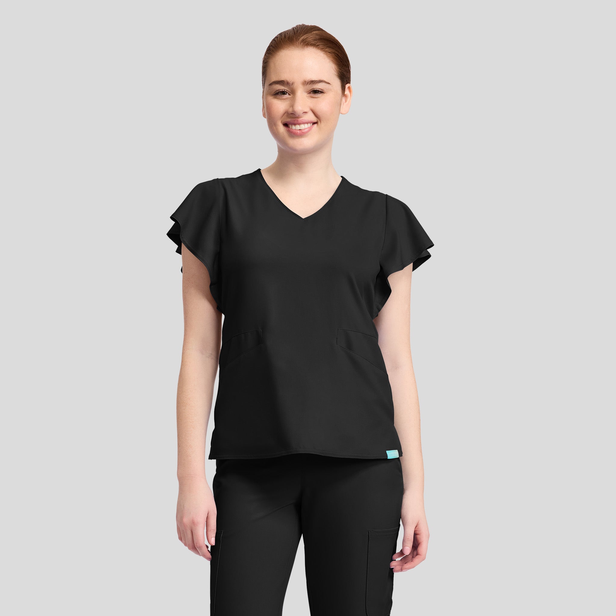 2-Pocket Flutter Sleeve V-Neck Scrub Top | Black