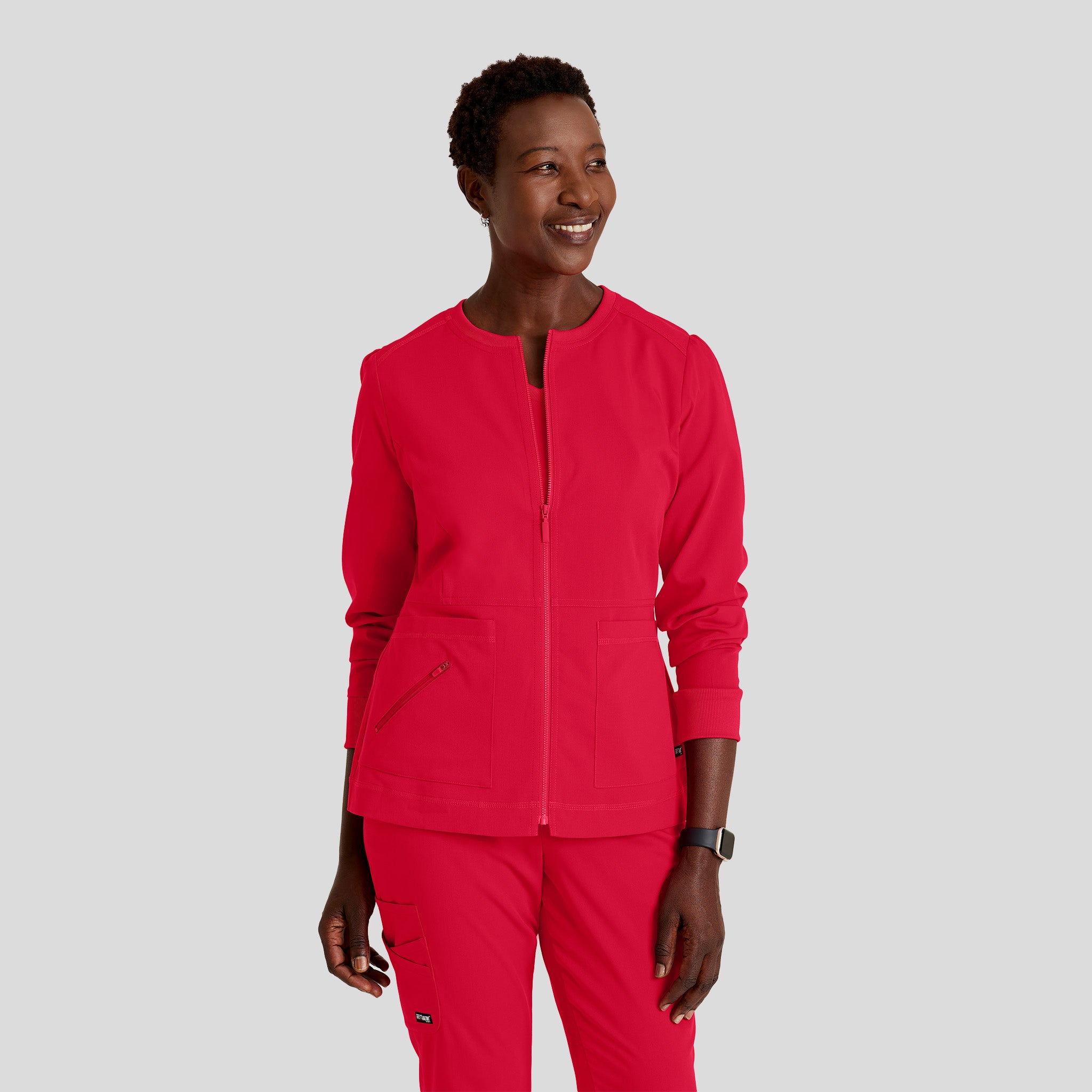 Millie 3-Pocket Crewneck Scrub Jacket | Red